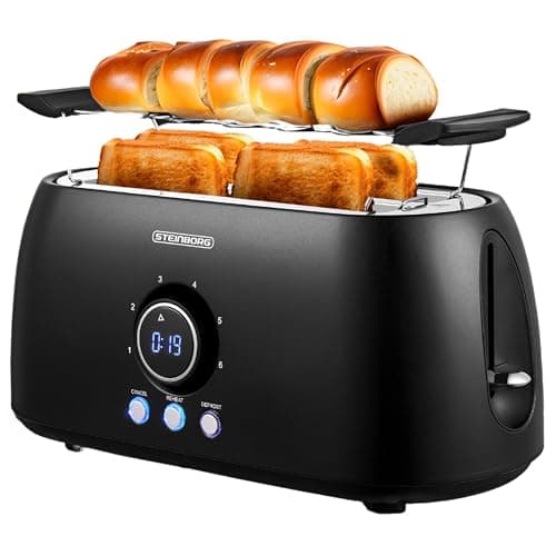 Tostapane XXL 4 fette nero display digitale Tostapane grande tostapane elegante tostapane ampio tostapane lungo con inserto per panini, tostapane stretto, spegnimento automatico