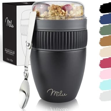 Milu Tazza per il muesli 400ml I tazza con cucchiaio I Acciaio inossidabile Impermeabile e isolato I Cup to go yogurt porridge (Nero)