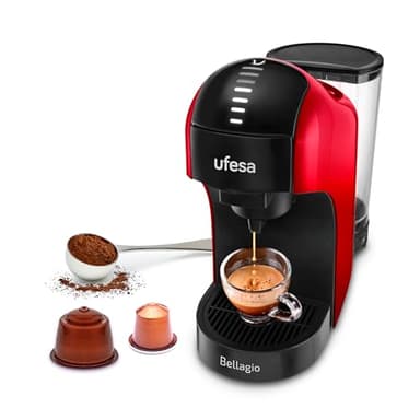 Ufesa Bellagio Multicapsula 3 in 1, Macchina Caffè Compatibile Capsule Nes.presso, Macchina Caffe Dolce Gusto, Macchina Caffe Macinato, Pannello Digitale Tattile con 7 livelli, 1 L, 1400 W, Rossa
