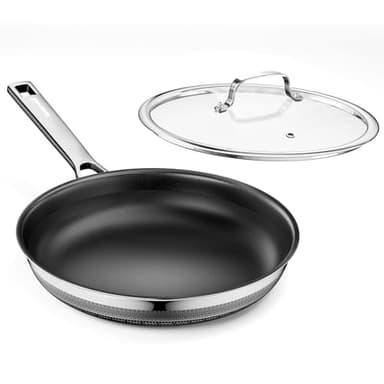 Innerwell Padella in Ceramica con Coperchio 28 cm, Grande Padella ad Induzione con Rivestimento Ceramico Antiaderente in Titanio, Padella in Acciaio Inox con Triplo Strato di Acciaio Inox,Senza Pfoa