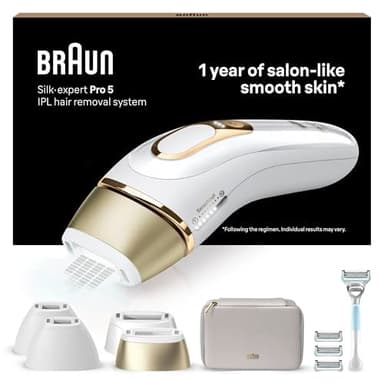 Braun Silk-Expert Pro 5 Epilatore LUCE PULSATA, Laser Peli Donna, Ideale per Zone Sensibili, Viso, Bikini e Ascelle, Epilazione Permanente Dei Peli Visibili, con Rasoio Donna Venus, PL5358, Bianco/Oro