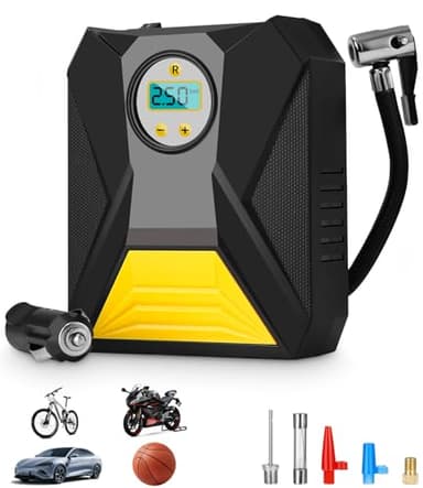 Toaren 12V Compressore Aria Portatile,Compressore Aria Portatile per Pneumatici Auto Kit Gonfiaggio Pneumatici con Adattatori per Ugelli e Luci LED Digitali, per Auto e Altri Prodotti Gonfiabili