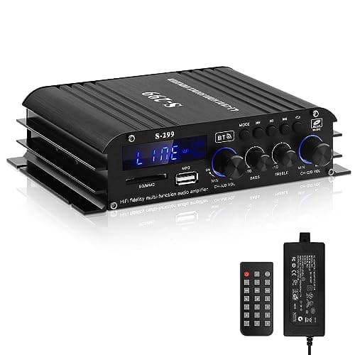 Amplificatore HiFi, S-299 Mini 4 canali Bluetooth Audio Amplificatore RMS 40W×4+50W Max.800W Amplificatore di potenza DC 12V/5A per gli altoparlanti di casa con USB SD, AUX