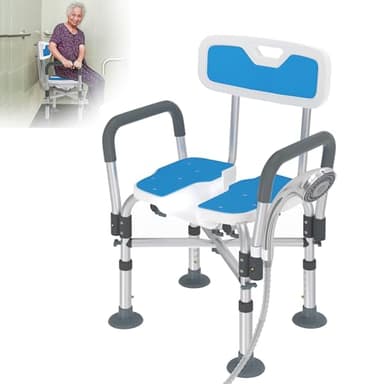 XMTECH Sedia da doccia, sgabello da bagno con scollo igienico, sedia da doccia per anziani, con braccioli e schienale, regolabile in altezza, fino a 200 kg, per anziani, donne incinte, disabili
