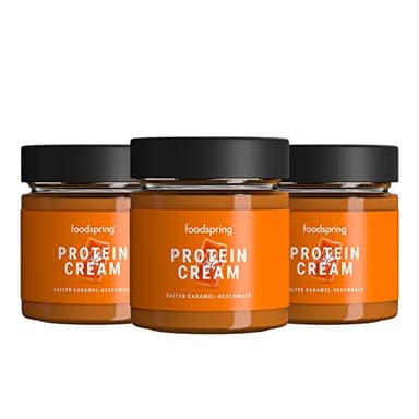 foodspring Crema Proteica, Caramello Salato, 3 x 200g, 85% di zuccheri in meno, Più proteine, Senza olio di palma, Con aromi naturali