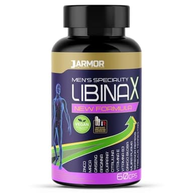 Libinax Integratore Vigore e Potenza Uomo con Maca Peruviana Tribulus Terrestris, Arginina e Citrullina, Zinco, Guaranà, Ginseng, Vitamine e Minerali. 60 Capsule J.Armor Pharma Made in italy