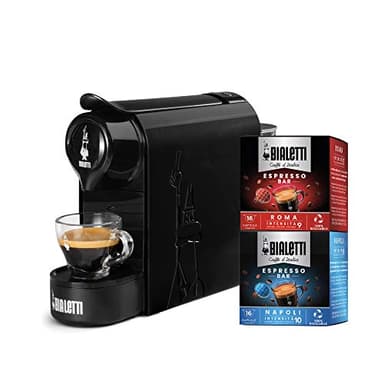 Bialetti Gioia, Macchina da Caffè Espresso per Capsule in Alluminio sistema Caffè d'Italia, Supercompatta, Nero + 32 CAPSULE