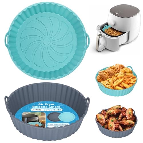 Alyvisun Teglie per Friggitrice ad Aria, 2 Pezzi Teglia Silicone per Air Fryer Contenitori Cestello Riutilizzabile Rotondo Tappetino Stampi Per Airfryer, Microonde, Forno (Grigio+Blu)