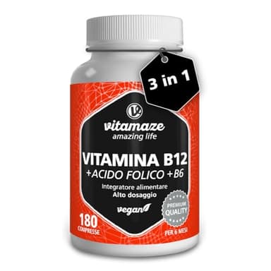 Vitamina B12 1000 mcg + 375 mcg Acido Folico + Vitamina B6 ad alto Dosaggio (6 mesi di trattamento) 180 Compresse Vegan, Qualità Tedesca. Vitamaze®