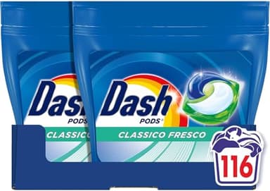 Dash Pods Detersivo Lavatrice In Capsule, 116 Lavaggi (58x2), Classico Fresco, Rimuove Le Macchie, Efficace A Freddo Anche E In Cicli Brevi