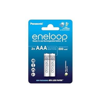 eneloop, batterie ricaricabili AAA/Micro, confezione da 2, capacità di min. 800 mAh, batterie Ni-MH, pronte all'uso, ricaricabili fino a 2000 volte, confezione senza plastica, standard, bianche