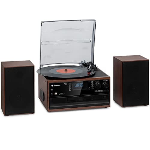 Auna Giradischi Bluetooth per Dischi in Vinile, Lettore Vinile a 3 Velocità di Riproduzione, Giradischi Vinili Vintage con Casse Stereo, AUX, Gira Dischi per Vinile con Jack per Cuffie e Lettore CD