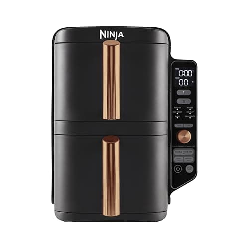 Ninja Double Stack XL Friggitrice ad Aria Verticale, Doppia Zona, 4 Livelli, 2 Scomparti, 2 Griglie, Capienza 9.5L, 6 Funzioni, 8 Porzioni, Parti Lavabili in Lavastoviglie, Pinze, Nero/Rame, SL400EUCP