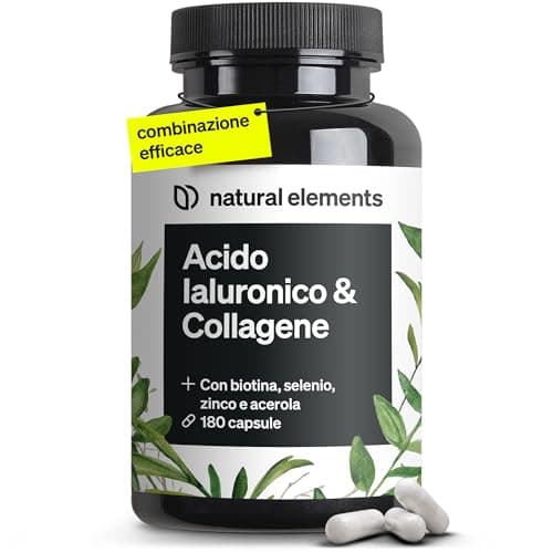 Collagene e Acido Ialuronico Integratore, 180 Capsule, + Vitamina C e Biotina, 1000mg Collagene Idrolizzato + 200mg Acido Ialuronico, Testato in Laboratorio, per Pelle, Capelli e Unghie