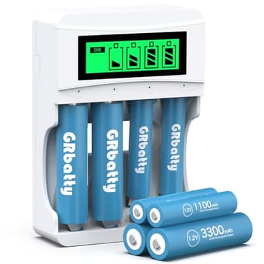 GRbatty Batterie Ricaricabili AA AAA ad Alta Capacità con LCD Caricabatterie,8 Pezzi 1.2V 1200 Volte Pile Ricaricabili,4 Batterie AA da 3300mAh e 4 Pile AAA da 1100mAh