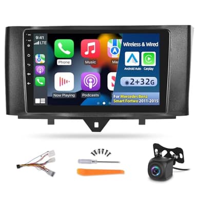 [2G+32G] Autoradio pour Mercedes Benz Smart Fortwo 2011-2015, écran tactile Android de 9 pouces, Apple Carplay sans fil et Android Auto / 1080P / WiFi + caméra de recul AHD + microphone
