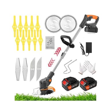 Taglia Erba Giardino a Batteria Tagliabordi Elettrico Decespugliatore Multifunzione con Lame Metalliche E 2*Batteria Leggero Testata Regolabile E Maniglia Telescopica per Prato Campo da Giardino