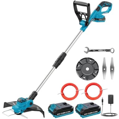 Decespugliatore a Batteria 21V, KUZUPRO Tagliabordi a Batteria Brushless con 2 Batterie 2,0Ah, 2 Lame, Impugnatura Regolabile, 2 Bobina(5m), Tubo Telescopico, Testa Girevole 90° per Giardino Potatura