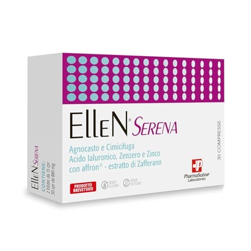 Ellen Serena Integratore Alimentare per Donne in Menopausa - a base di Agnocasto, Cimicifuga, Zenzero e Zafferano, con Acido Ialuronico e Zinco - 30 compresse - Prodotto brevettato