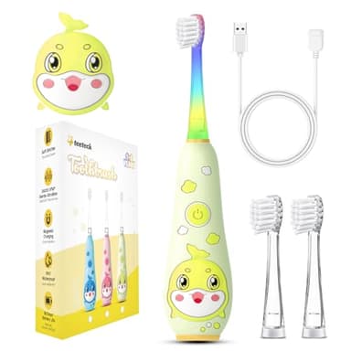 Teeteck Spazzolino elettrico per bambini - Spazzolino da denti sonico bambino 1-6 anni con luce LED arcobaleno con 2 testine, cavo magnetico di ricarica USB, IPX7 impermeabile, SG2139