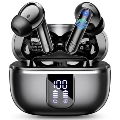 Cuffie Bluetooth, Nuovo Auricolari Bluetooth 5.4 Stereo HiFi con 4 HD Mic, 38 Ore Cuffiette Bluetooth con ENC Cancellazione Rumore, LED Display, IPX7 Impermeabile Cuffie Wireless per Android iOS, Nero