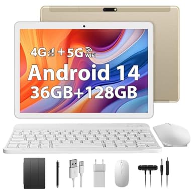 TIGERFU 10 Pollici Tablet Android 14, 36GB RAM+128GB ROM(1TB TF), Octa-Core 2.0 GHz, 4G LTE & 5G WiFi, GMS Cerfified, 8000mAh, Bluetooth 5.0, 8MP+5MP, Tablet con custodia, tastiera, penna, mouse - Oro