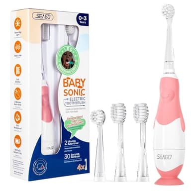 Spazzolino Elettrico Bambini 0-6 Anni Spazzolino Da Viaggio Spazzolino Bambini Spazzolini Elettrici Con 4 Testine Di Spazzolino Base a Ventosa Luce Di Osservazione a Led Immagine Penguin SG-513, Rosa