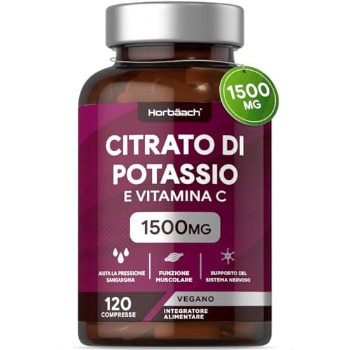 Potassio Citrato Alto Dosaggio 1500 mg | Potassio Integratore con Vitamina C | 120 Compresse Vegane | Potassium Citrate | di Horbaach