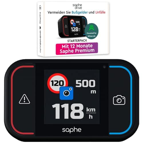 Saphe Drive Pro Dispositivo per le allerte autovelox e accessori auto con display a colori, 12 mesi di abbonamento inclusi, segnalatore in tutta EU, si avvia automaticamente alla partenza