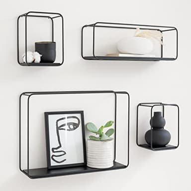 Kazai. Mensole da Muro Design -Jona- | Scaffale Metallo a 4 Parti con Impiallacciatura in Vero Legno | Decorazione della Parete, Libreria Scaffale, per Camera da Letto, Bagno, Cucina | Quercia, nero