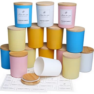 CONNOO Confezione da 15 barattoli natalizi in vetro con coperchio in bambù per realizzare candele, barattoli vuoti da 200 ml con coperchi in legno, contenitori per candele puliti, lavabili in