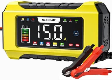 15A Caricabatterie per Auto, NEXPEAK 12V 15A/24V 8A Caricabatterie Intelligente con Compensazione Della Temperatura per Auto, AGM, Gel, Wet, SLA per Batterie Piombo-acido e LiFePO4