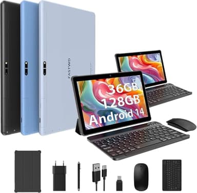FASTWD 2025 Newest Tablet 10 Pollici Android 14,Tablet PC 5G WiFi 36GB RAM+128GB ROM (1TB TF),Batteria 8000mAh,Tablet 2 in 1 con tastiera,penna,mouse,Blu