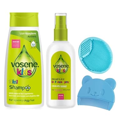 Vosene Kids - Shampoo repellente per pidocchi 3 in 1, spray per la difesa dei pidocchi, spazzola per bambini in silicone e pettine, trattamento per lendini, spray repellente per pidocchi, ideale per