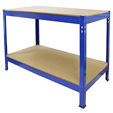 Monster Shop Tavolo da Lavoro Q-Rax Bancone da Lavoro ad Incastro Garage Officina Senza Bulloni in Acciaio e MDF Banco per Garage, Officina e Magazzino - Blu - Larghezza 100cm