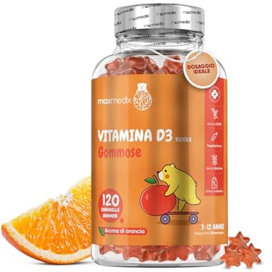 Vitamina D Bambini, 120 Gommose di Vitamina D3 (Per 4 Mesi), Necessaria per la Normale Crescita e Sviluppo delle Ossa nei Bambini, Gommose Gusto Arancia, 1000UI, 3-12 Anni, Vit D3 Senza Glutine e OGM
