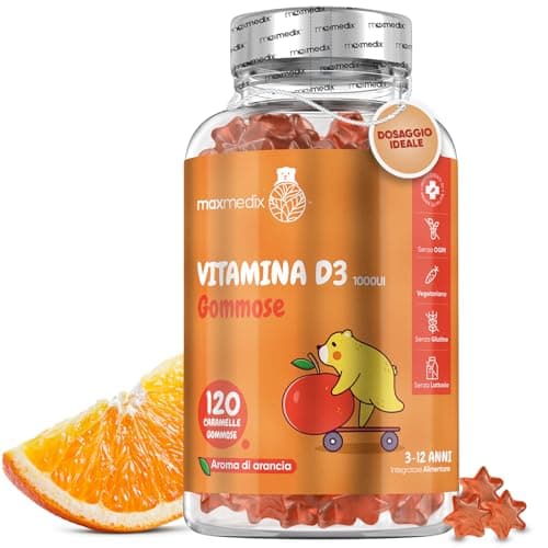 Vitamina D Bambini, 120 Gommose di Vitamina D3 (Per 4 Mesi), Necessaria per la Normale Crescita e Sviluppo delle Ossa nei Bambini, Gommose Gusto Arancia, 1000UI, 3-12 Anni, Vit D3 Senza Glutine e OGM