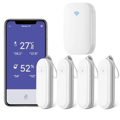 Termometro Igrometro WiFi 4 Stanze con Hub Mini, Umidità/Temperatura IP65/Gamma di Controllo 100M/Sensore di Umidità Assoluta con Avvisi Intelligenti, Adatto per uso Interno ed Esterno