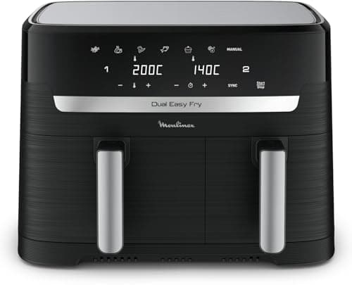 Moulinex Dual Easy Fry, Friggitrice ad Aria con Doppio Cestello XL, 8.3 L/2.2Kg, Capacità fino a 6-8 Persone, Doppia Resistenza Superiore, 7 Programmi, App Ricette, Lavabile in Lavastoviglie, EZ9018