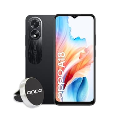 OPPO A18 Smartphone, AI Doppia Fotocamera + Flash, Selfie 5MP, Display 6.56” 90HZ LCD HD+, 5000mAh, RAM 4 (Esp 1GB/2GB/4GB)+ROM 128GB (esp1TB), IP54, Supporto Auto Versione Italia, Glowing Black