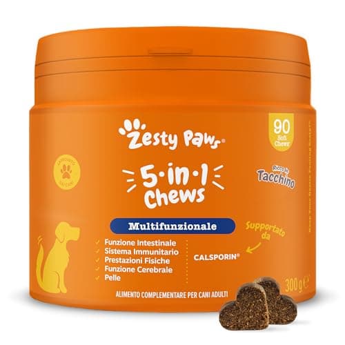 Zesty Paws Multivitaminici 5 in 1 | Integratore per Cani | Vitamine per Cani | Biotina | Intestino, Pelle, Immunità, Stress Ossidativo | Gusto Tacchino | 90 Pz