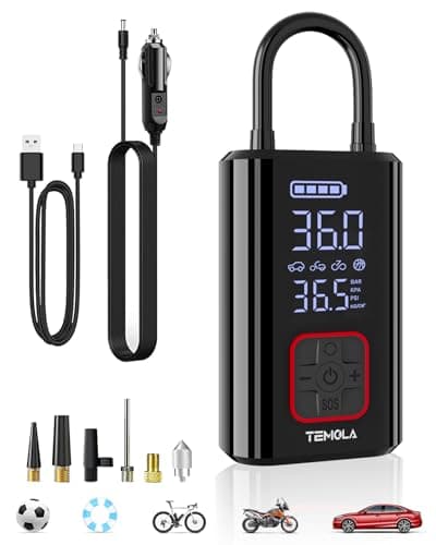 TEMOLA Compressore Aria Portatile Auto, Mini Compressore Portatile con Luce LED, Potente Compressore Auto Senza Fili Accessori Auto Essenziali per Gli Uomini con Manometro per Auto Moto Bicicletta