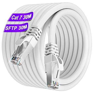 Cavo Ethernet 30 Metri, Cat 7 Cavo Lan Alta Velocità 24AWG 10Gbps 600MHz Cavo Internet Gigabit Cavo Rete S/FTP Bianco Schermato Cavo Patch Impermeabile Esterno Cavo RJ45 per Router Modem Switch