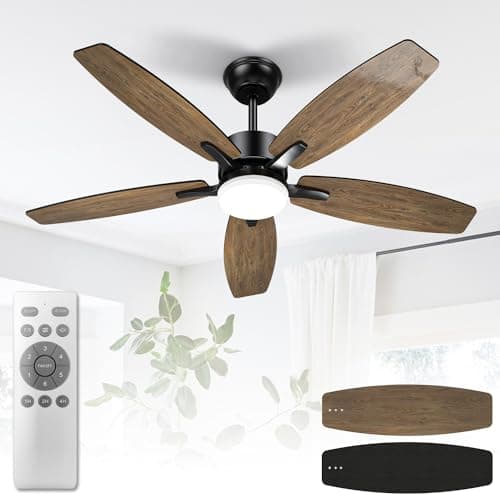 Mefine Ventilatore da Soffitto con Luce e Telecomando Silenzioso, Ventilatori da Soffitto 107 cm con Lampada a LED con 5 pale in Legno, Venature del Legno/Nero per Camera da Letto, Soggiorno, 60004