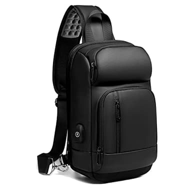 GYakeog Zaino Monospalla Uomo con USB Borsa per 9,7" Tablet Marsupio Impermeabile Borsello per Scuola Outdoor Trekking Ciclismo Viaggio-Nero