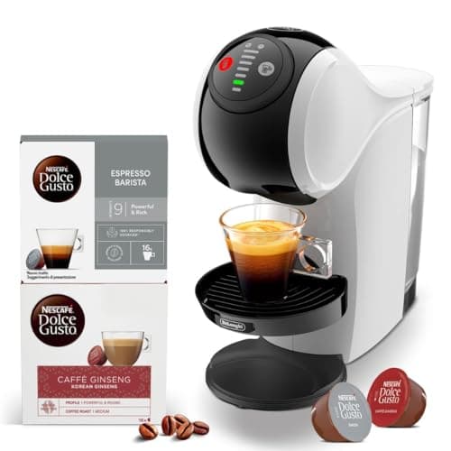 NESCAFE' DOLCE GUSTO De'Longhi Genio S, Macchina per Caffè Espresso e Altre bevande in capsula, Automatica, Bianca, Include 32 capsule originali (16 Espresso Barista + 16 Ginseng)