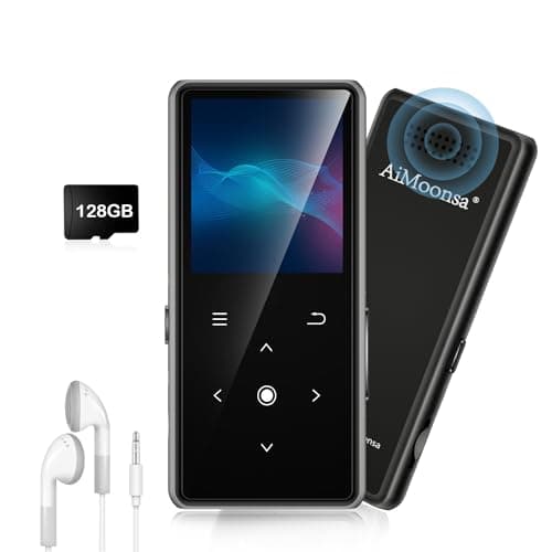 128GB Lettore MP3 con Bluetooth 5.2, AiMoonsa Lettore Musicale con Altoparlante HD Integrato, radio FM, Registratore Vocale, Suono HiFi, Peso 0,15 lb, Funzione E-book, Auricolari Inclusi (Black 128GB)