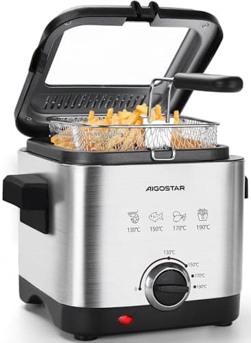 Aigostar Fries 30IZD - Friggitrice compatta da 1,5 L in acciaio inox, 1000 watt con finestra di visualizzazione, controllo temperatura, design esclusivo.