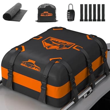 Rymopuey Box Tetto Auto 20Cu.Ft/566L, Baule Auto Tetto Inimpermeabile 1000D Arancia, Baule Auto Tetto con Tappetino Antiscivolo e 10 Cinghie, Box Tetto Auto per Auto con/senza Portapacchi