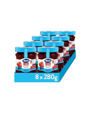 Hero Light Confettura di Frutti di Bosco Light, 8 Vasetti da 280 gr, Marmellata e Confettura Extra con Frutta di Alta Qualità, Senza Zuccheri aggiunti e Pochissime Calorie per Porzione